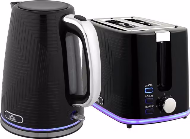 HOMCOM Modern Kettle and Toaster Set in Black with Auto Shut-off and Limescale Filter – 1