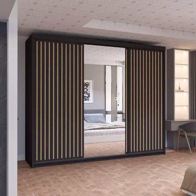 MN Furniture Reno 3 Sliding Door Wardrobe with Mirror and LED Light in Oak and Black, W/D/H: 250 x 62 x 217 cm – 1