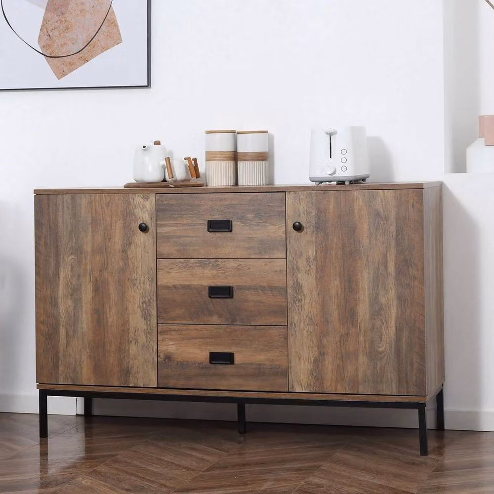 FLAVORA Modern Sideboard and Storage Cabinet in Distressed Brown Walnut with Black Accents – 4