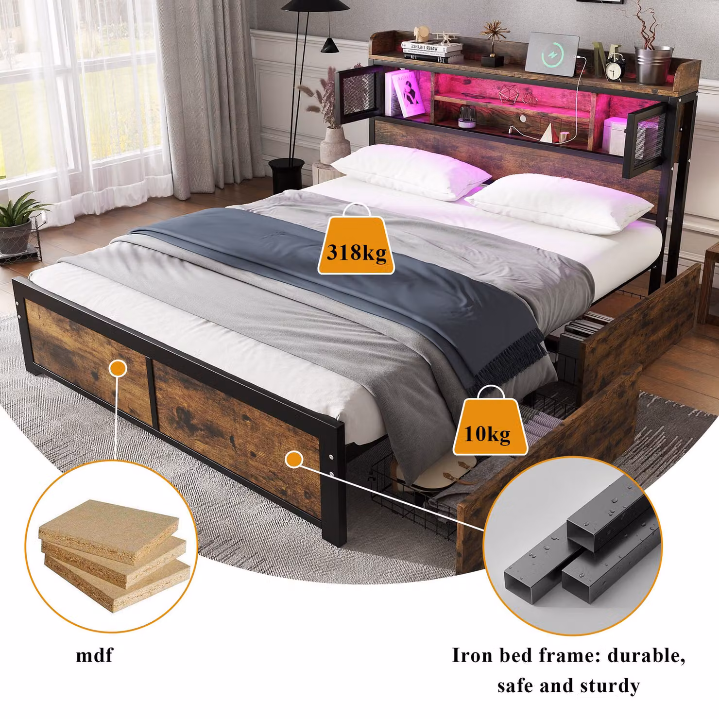 Aosom UK Black Metal Double Storage Bed with 2 Underbed Drawers, LED Light Strip, USB Charging Ports and Headboard Cabinets, W/D/H: 140 x 200 x 83.5 cm – 4
