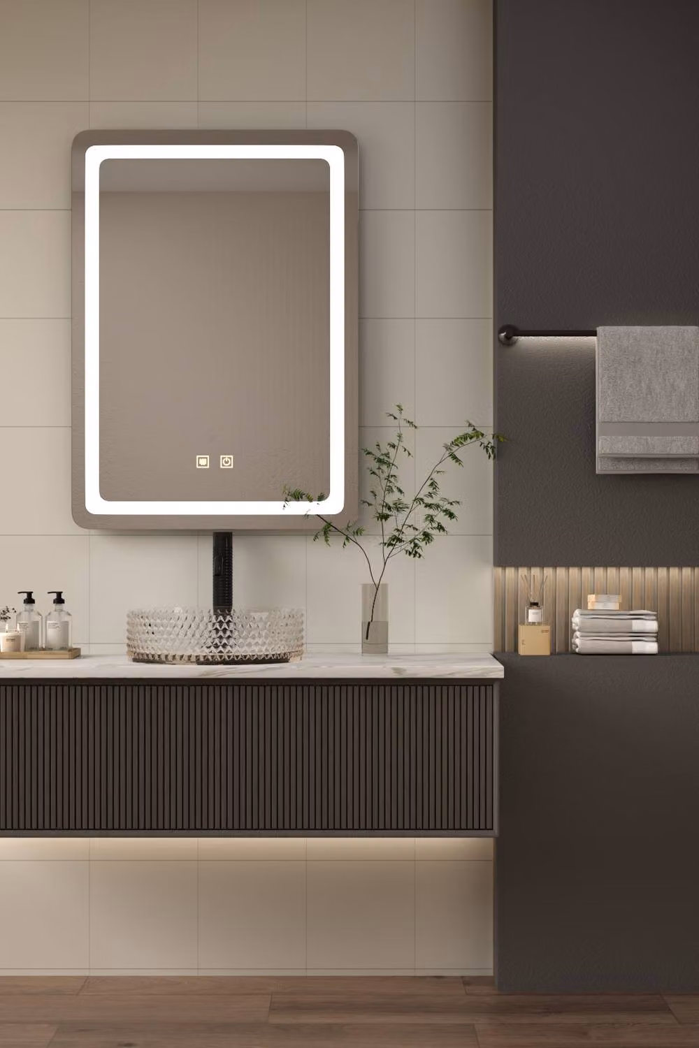 Living and Home Rectangular Silver Bathroom Mirror with Dimmable LED Light and Anti-fog Function, W/D/H: 70 x 50 x 4 cm – 3