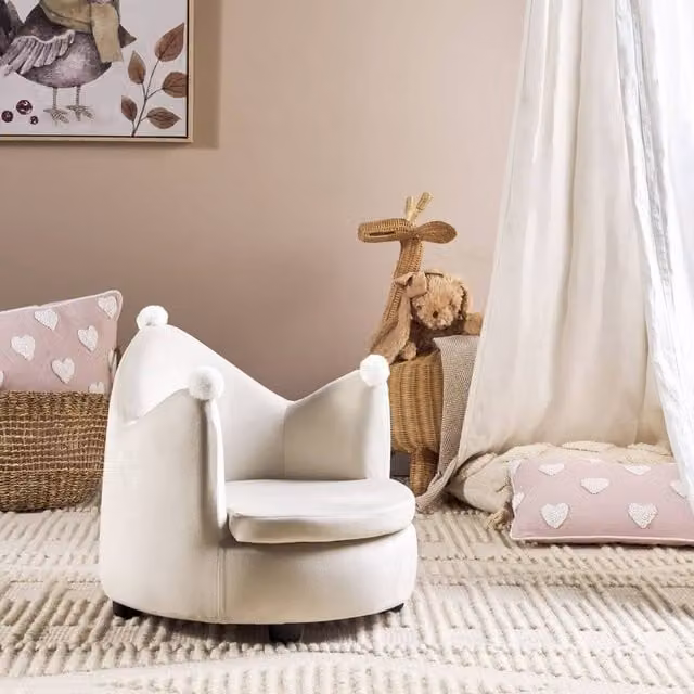 Wyld Haus Crown Velvet Kids Armchair in Beige with Solid Wood Frame – 1