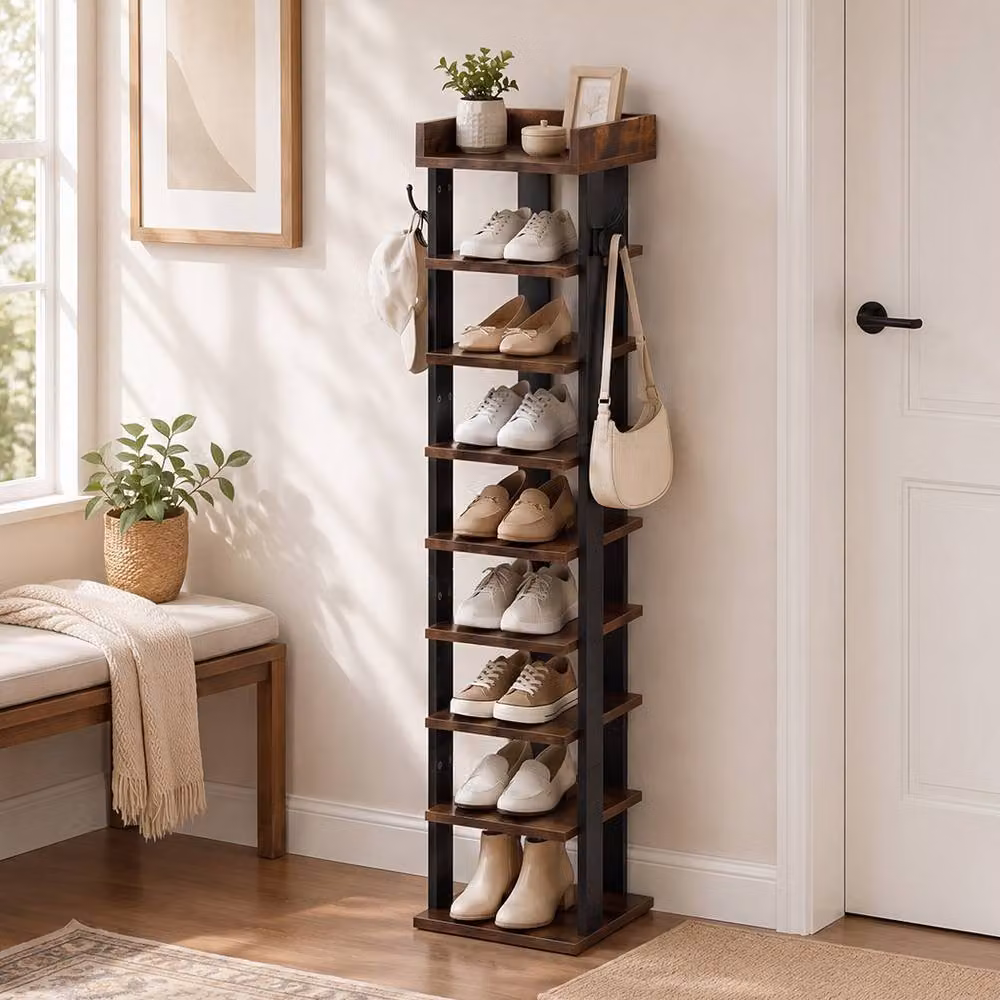 Levede 9 Tier Industrial Shoe Rack Storage Organiser with Adjustable Shelves, Brown and Black, W/D/H: 28 x 28 x 132 cm – 2