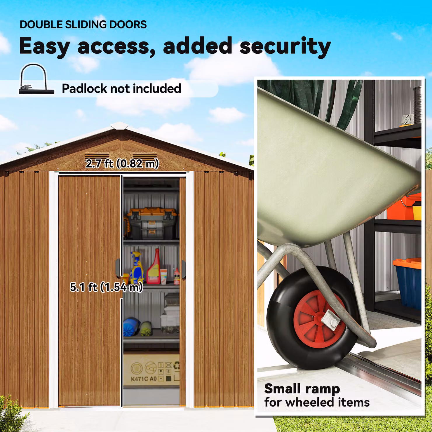 Outsunny Wood Effect Galvanised Steel Garden Shed in Brown with Double Doors and Four Vents – 5