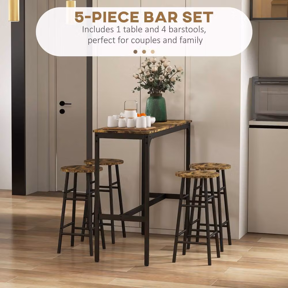 STILVORA Industrial Bar Table Set with 4 Stools in Brown and Black Wood and Metal – 5