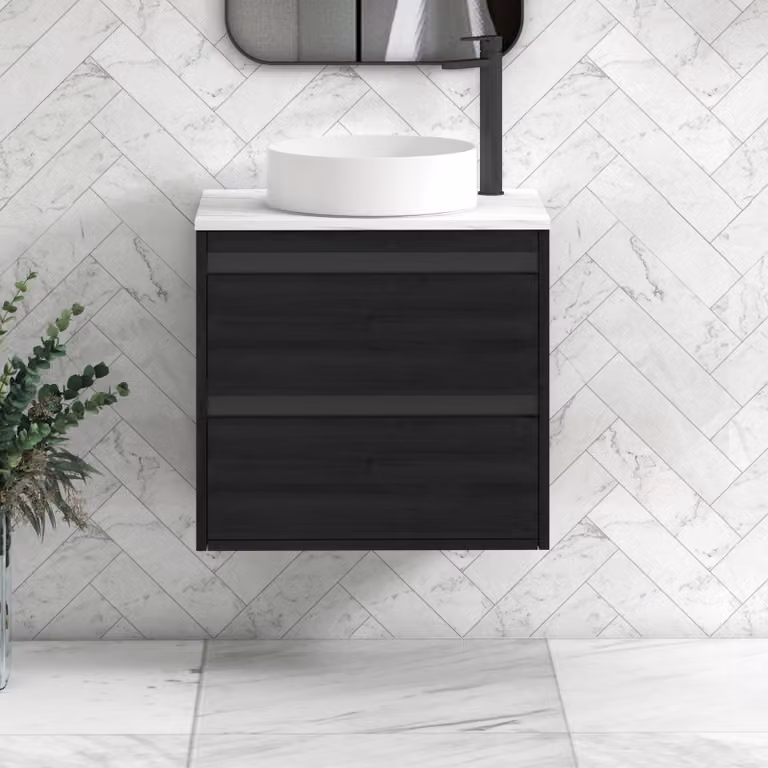 Royal Bathrooms Orion 800mm Wall Hung Vanity Unit in Hale Black with Carrara White Countertop, Art Basin and Black Accent Trim