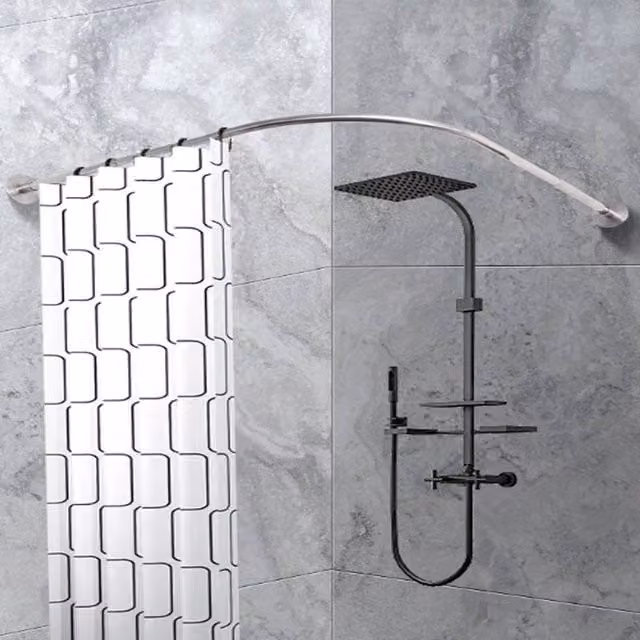 SPETLEK L-Shape Adjustable Corner Shower Curtain Rail Pole in Silver, W: 100 cm, D: 52 cm – 1