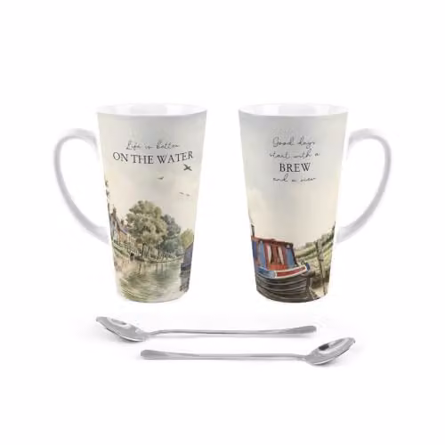 Purely Home Canal Boating Tall Latte Mugs and Spoons Gift Boxed Set, Multicolour – 4