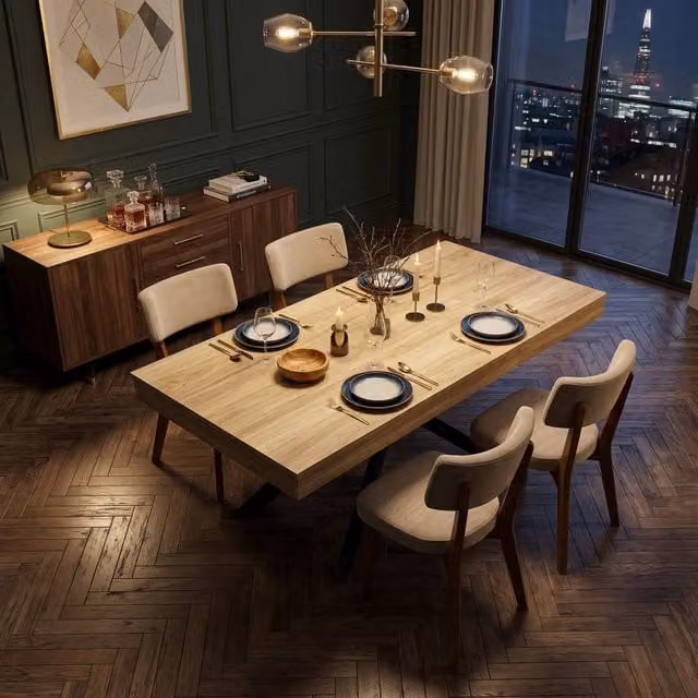 FENCHILIN Extendable Rectangular Dining Table and 4 Mid-Back Chairs Set in Light Oak