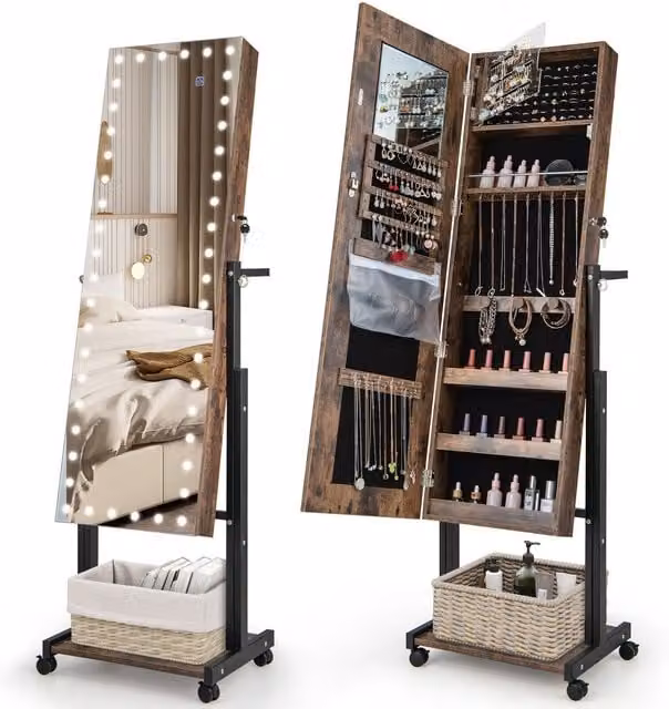Costway Height Adjustable Standing Jewelry Armoire with 3-Colour LED Mirror and Wheels in Brown