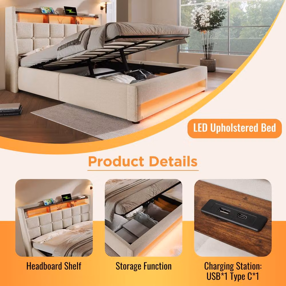 ModernLuxe Upholstered King Ottoman Bed in Beige with LED Lighting, USB Charging Port and Storage Headboard, W/D/H: 150 x 200 x 117 cm – 3