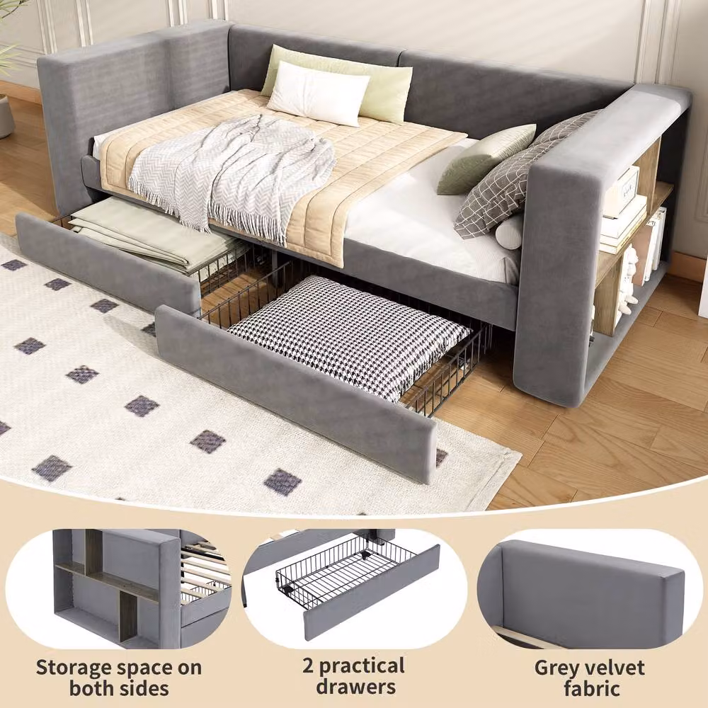 Merax Grey Velvet Single Daybed Sofa Bed with Side Storage and 2 Drawers, W/D/H: 90 x 190 x 74.5 cm – 3