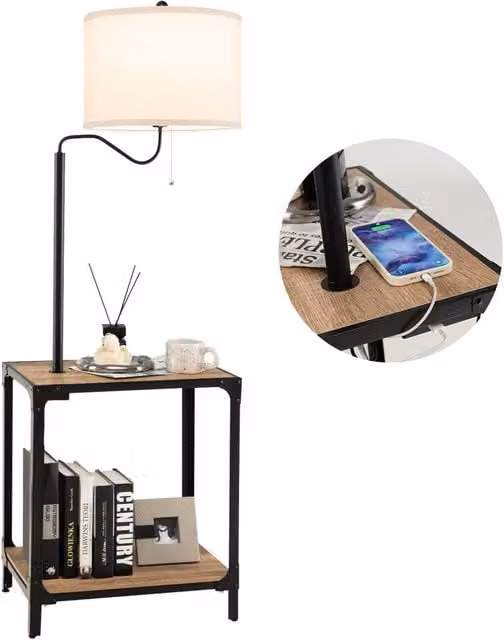 Costway Bedside End Table with Floor Lamp and USB Charging Ports in Brown