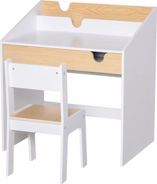 HOMCOM Kids Desk and Chair Set in White, Featuring a Study Table with Bookshelf and Pull-Out Drawer for Children Aged 3-6 Years – 1