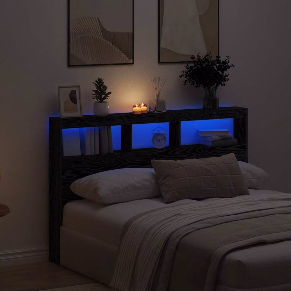 Berkfield Home Modern Wall Mount Headboard Cabinet with LED Lighting and USB Charging Port in Black Oak, W/D/H: 160 x 17 x 102 cm – 2