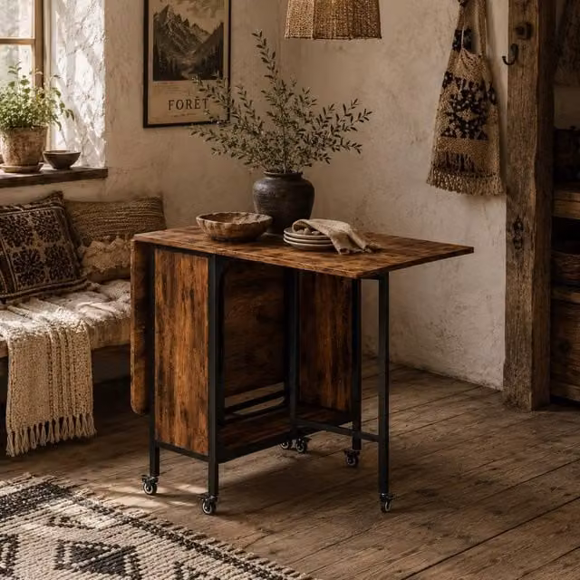 Wyld Haus Nilanana Rustic Brown and Black Drop Leaf Dining Table, Seats 6 – 1