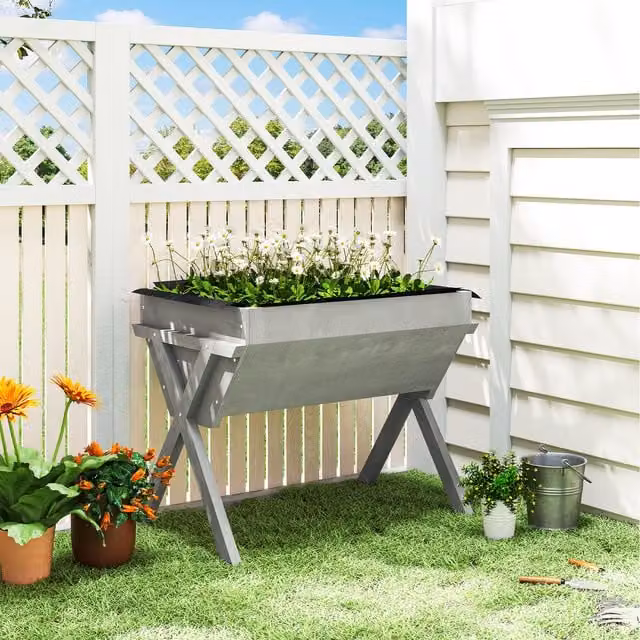 Outsunny Wooden Raised Bed Planter Container in Grey
