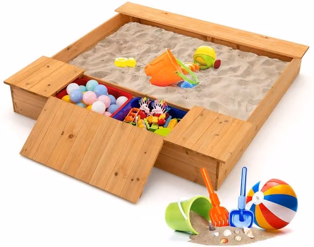 COSTWAY Wooden Outdoor Childrens Sandbox Play Station in Brown