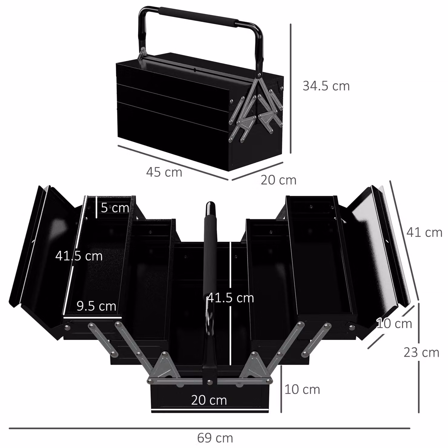 DURHAND 3 Tier Metal Toolbox with 5 Trays and Carry Handle in Black – 3