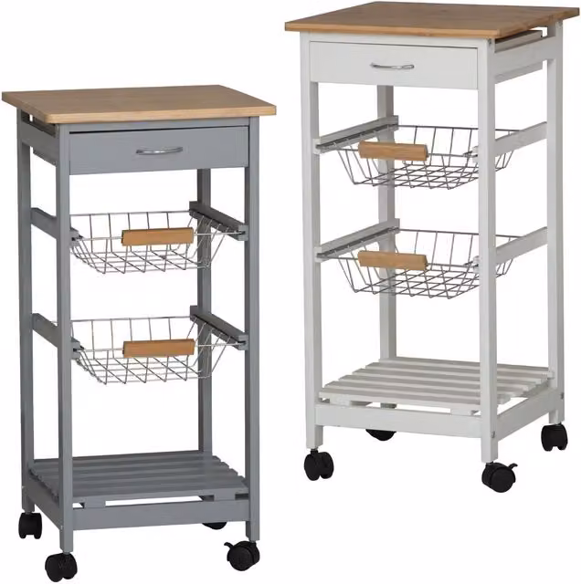 EONLION 3 Tier Portable Kitchen Trolley with Bamboo Top and MDF Drawers in Grey