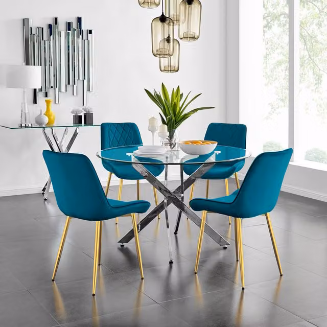 FurnitureboxUK Novara Gold Round Glass Dining Table and 4 Pesaro Gold Leg Chairs in Blue