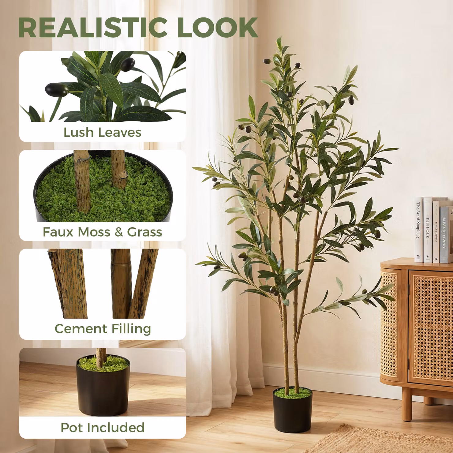 HOMCOM Green Mediterranean Silk Olive Tree with 303 Leaves in a Concrete Pot, Height: 120 cm – 3