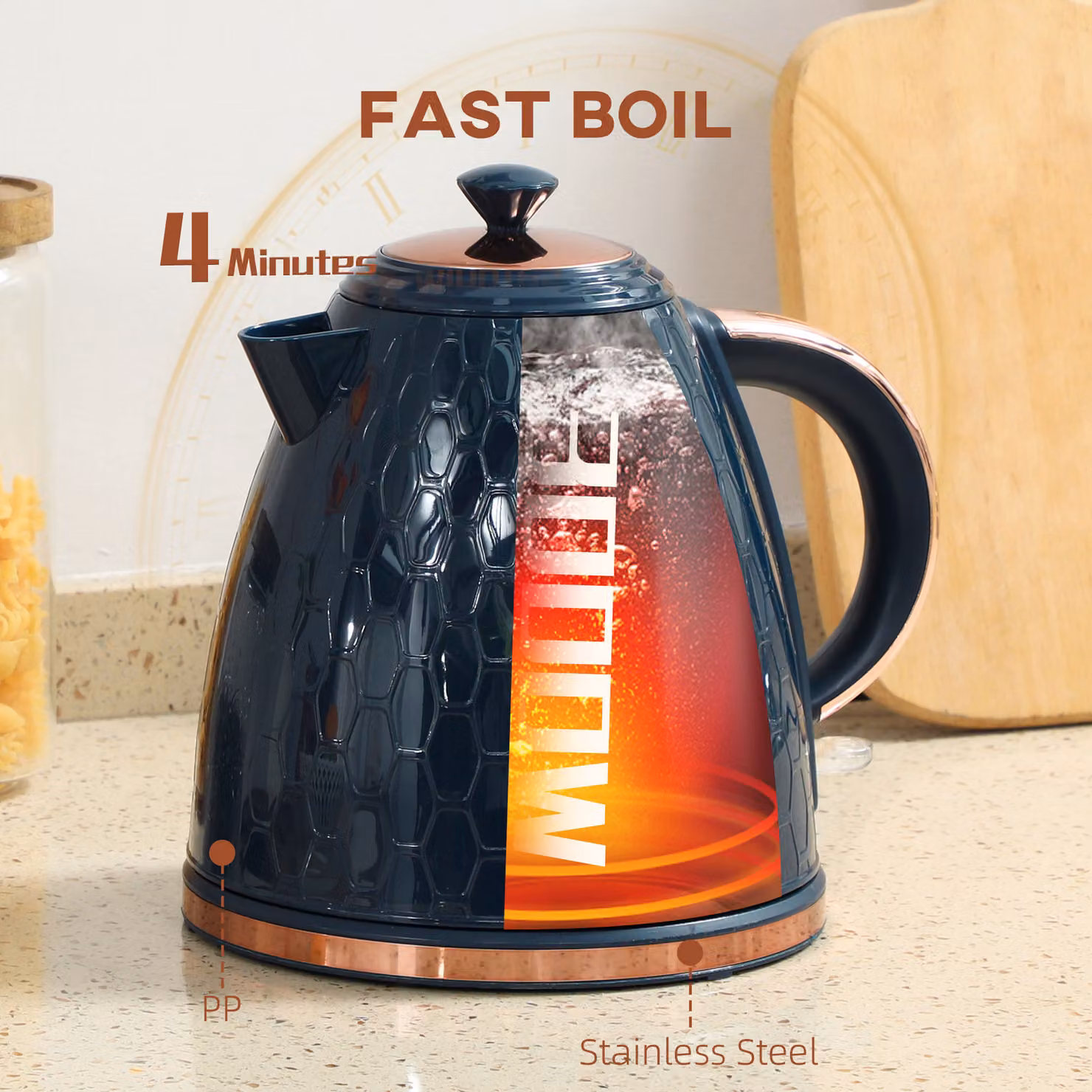 HOMCOM 3000W Rapid Boil Honeycomb Kettle with PID Control and Auto Shut-off, Dark Blue – 3