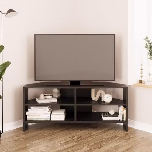 BIMOSSA Roy Modern Corner TV Stand for 43–48 Inch TVs, Black Media Console with Storage Shelves and Cabinet, W/D/H: 116.6 x 50.0 x 114.0 cm – 2
