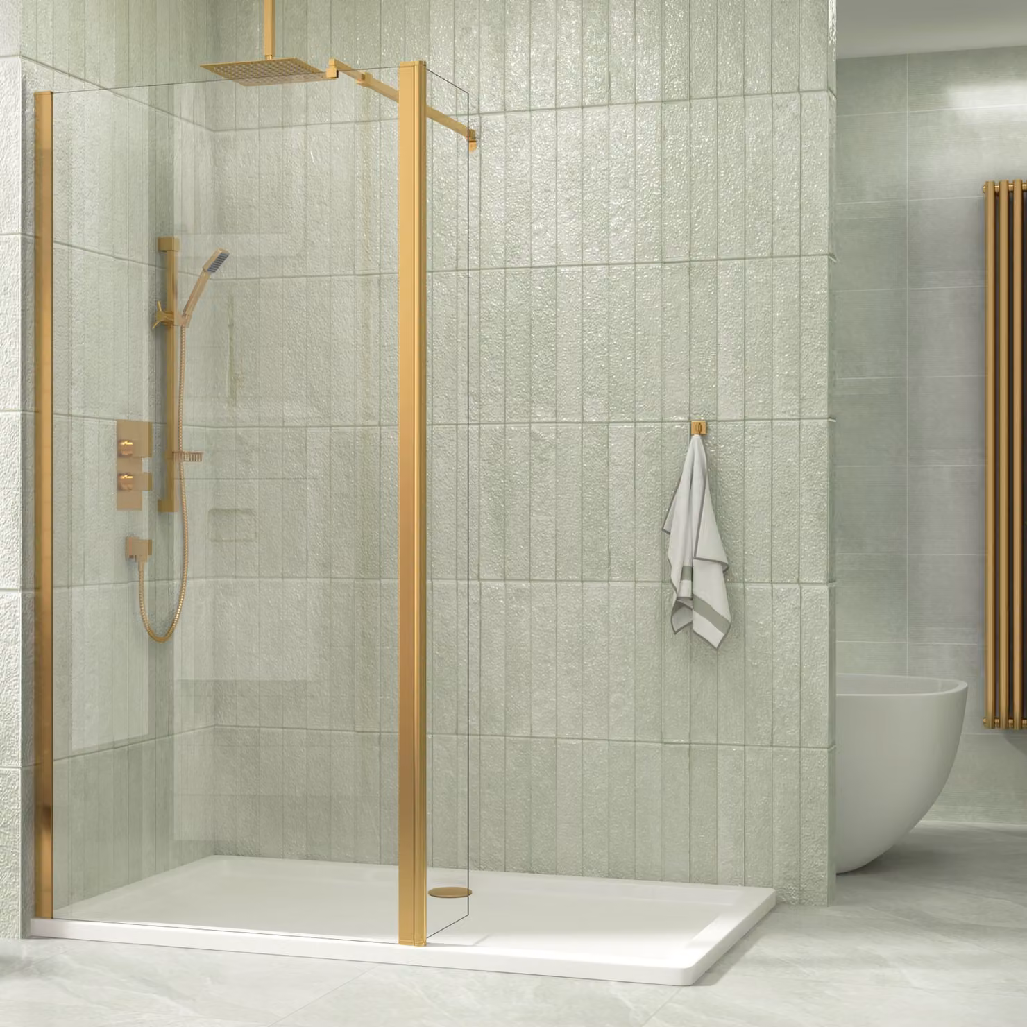 Royal Bathrooms Marbella Walk In Wet Room Shower Screen with Flipper Panel, Gold Brushed Brass, 8mm Easy Clean Glass, W: 185 cm, D: 50 cm, H: 50 cm