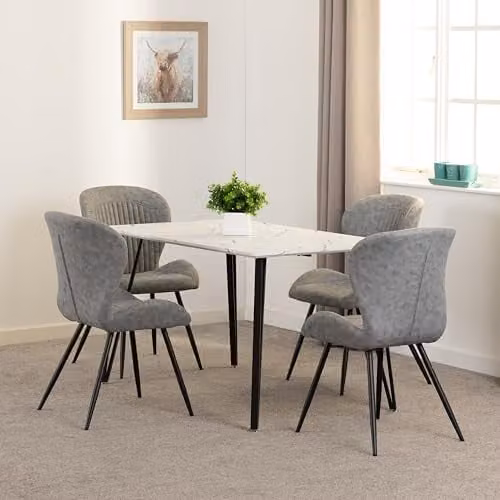 Seconique Marlow Dining Set with Quebec Chairs in White Marble Effect and Grey – 1