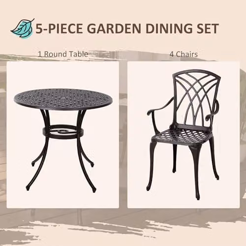 Outsunny 5 Piece Modern Garden Bistro Set with Round Coffee Table and 4 Chairs in Brown and Black Powder Coated Aluminium – 3