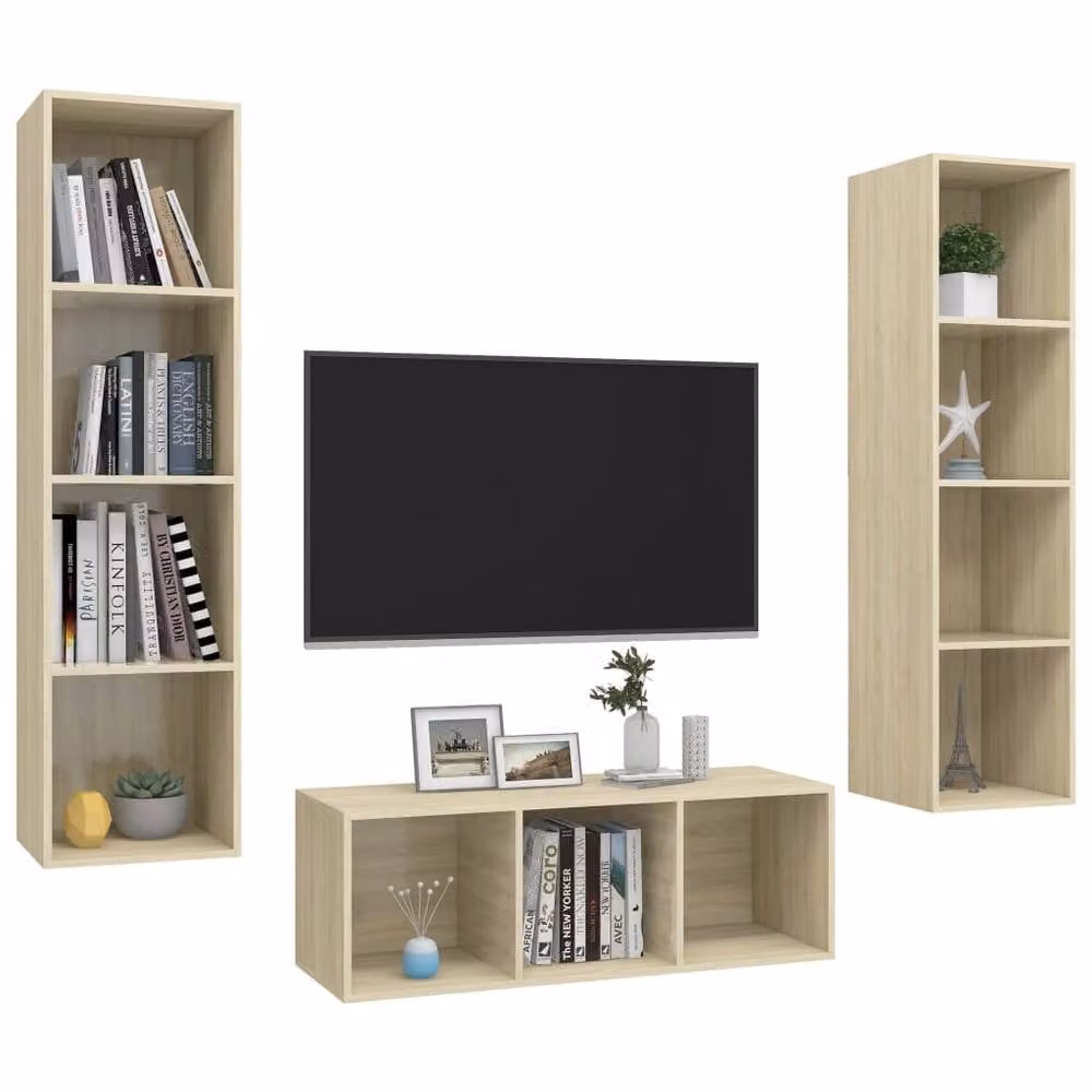 Berkfield Home 3 Piece Sonoma Oak TV Cabinet Set in Light Brown – 2