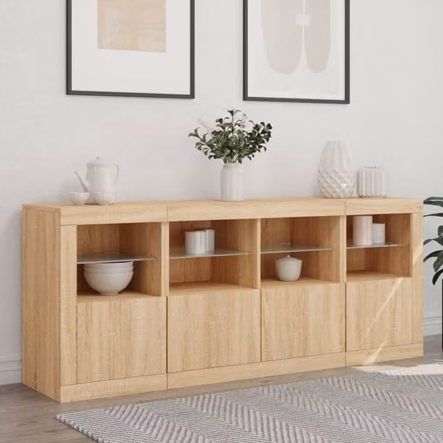Berkfield Home Sonoma Oak Sideboard with Integrated LED Lights in Light Tan, W/D/H: 163 x 37 x 67 cm