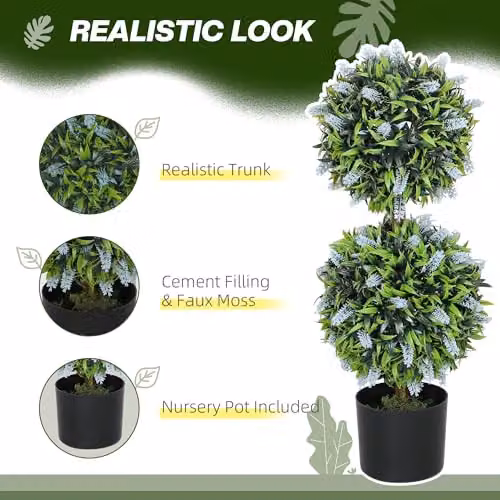 HOMCOM Set of 2 Blue and Green Artificial Floral Ball Trees in Round Concrete and Plastic Pots, Height: 70 cm – 3