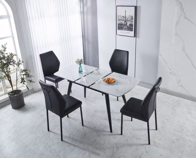 Modernique Sintered Stone Top Extending Dining Table and 4 Faux Leather Chairs Set in White and Black