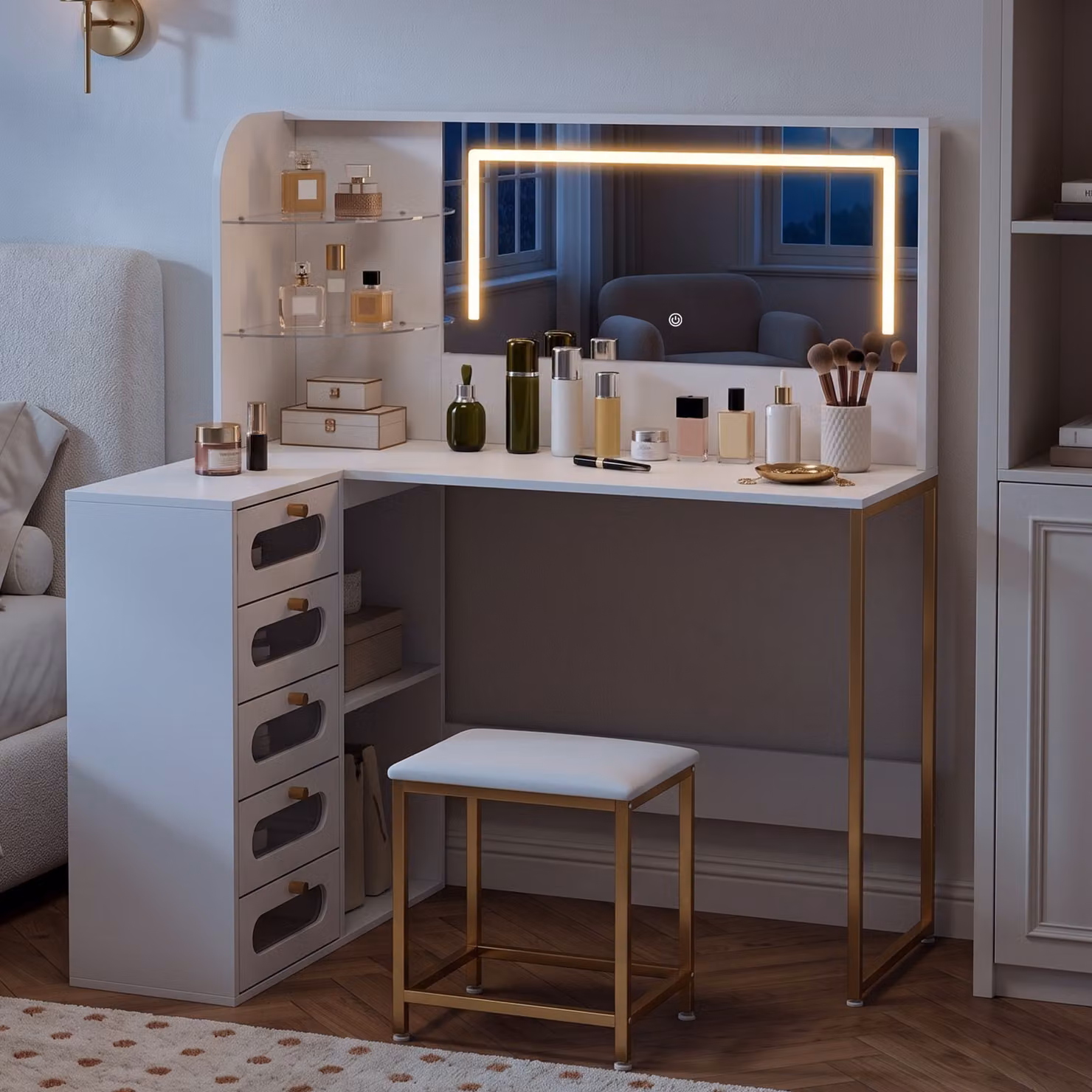 HOMCOM L-Shaped Dressing Table with LED Mirror, Stool and Drawers in White and Gold – 5