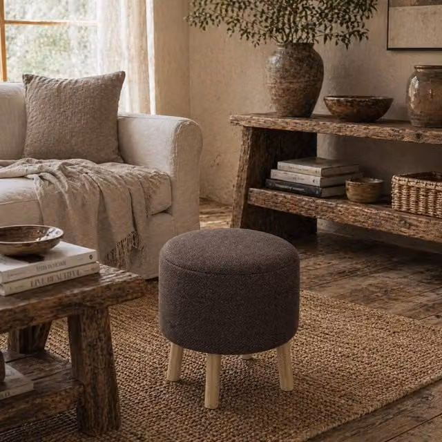 Wyld Haus Roli Round Storage Ottoman in Dark Brown Linen Look, W/D/H: 40 x 40 x 39 cm