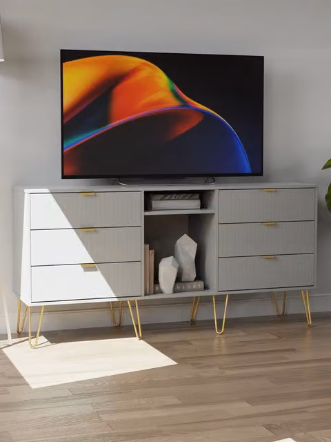 2 U Bexley Ready Assembled 6 Drawer Sideboard in Dark Grey with Gold Metal Details
