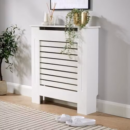 Home Source White Wooden MDF Radiator Cover Wall Cabinet Shelf with Slatted Grill, W: 78 cm, H: 82 cm, D: 19 cm – 1
