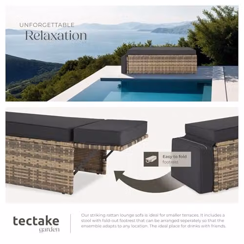tectake Rattan Garden Furniture Set with 2 Seater Sofa and Ottoman in Brown and Grey with Powder Coated Steel Frame and UV-Resistant Cushions – 4