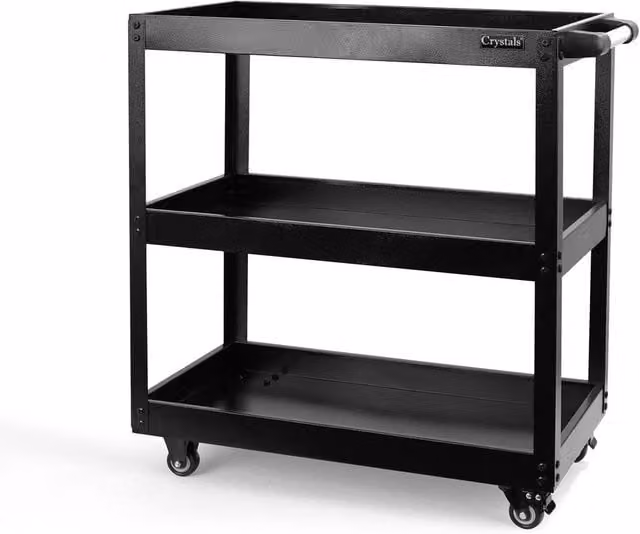 Crystals 3 Tier Heavy Duty Tool Storage Cart with Wheels, Black, W: 52 cm, D: 52 cm, H: 74 cm – 1
