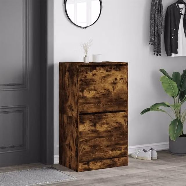 Berkfield Home Modern Shoe Cabinet in Smoked Oak Brown with 2 Tilting Compartments, W: 60 cm, D: 42 cm, H: 108 cm – 1