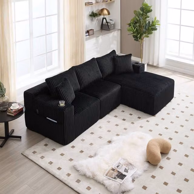 GOMYWAY Matteo Modular L-Shaped 3 Seater Sectional Sofa in Black Corduroy