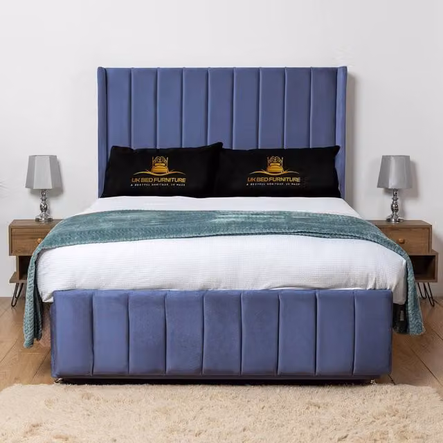 UK Bed Furniture Arizona Blue Velvet Wingback Divan Bed Base with 54 Inch Headboard, W/D/H: 90 x 190 cm, Size: Single