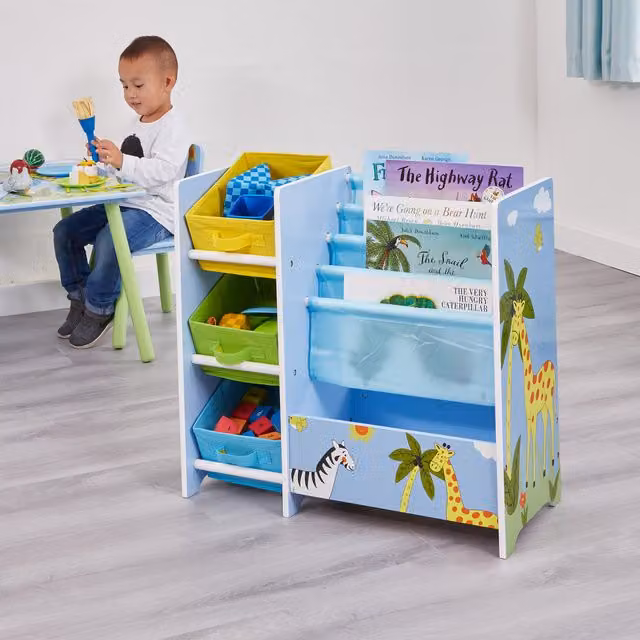 Liberty House Toys Safari Kids Book Display Unit with 3 Fabric Storage Boxes in Pale Blue
