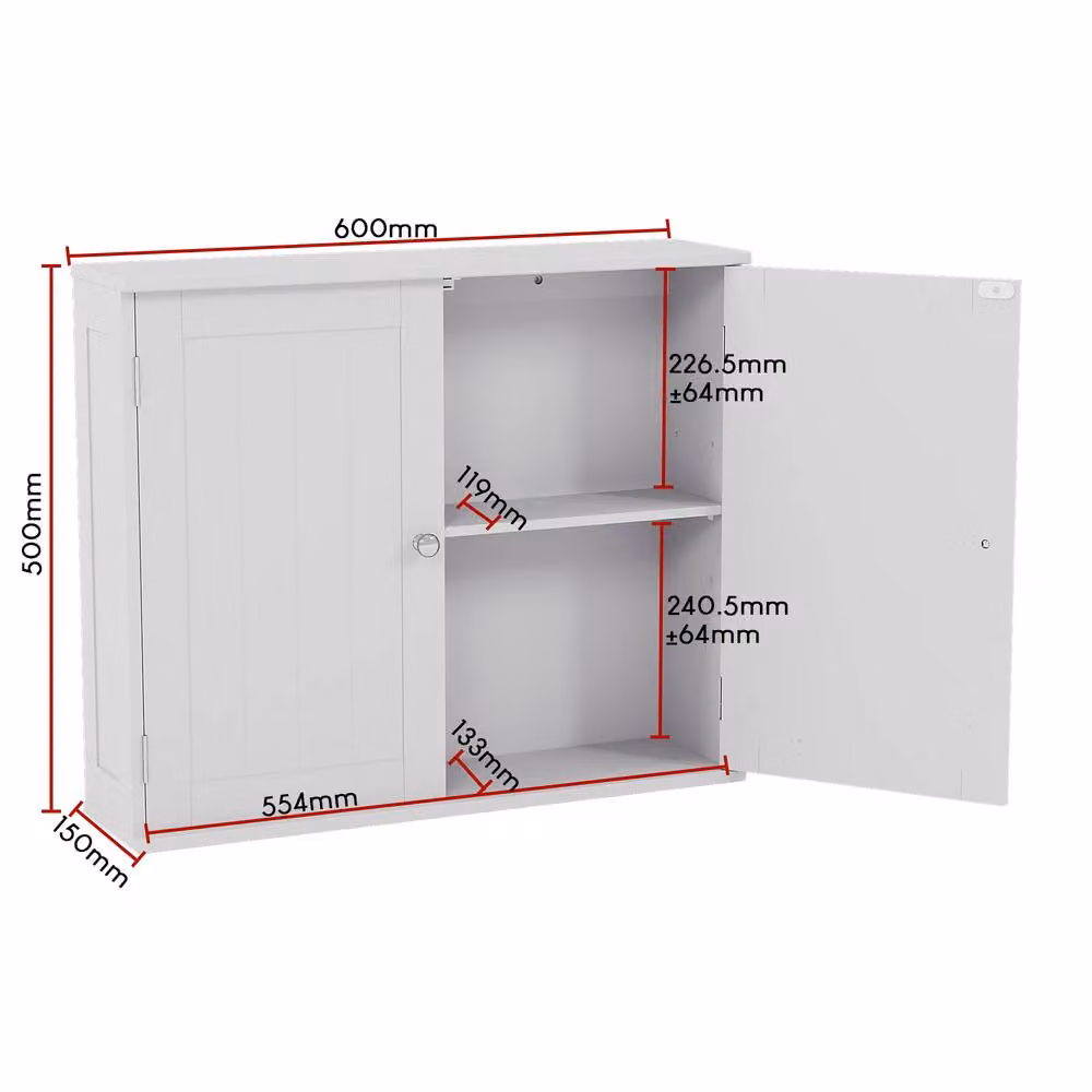 HD Designs Priano White Matt 2 Door Wall Mounted Bathroom Storage Cabinet with Internal Shelves – 2