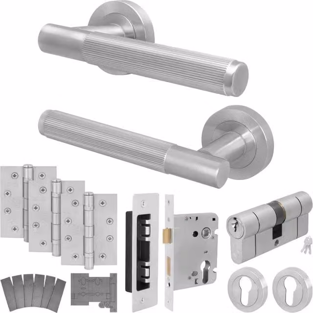 AFIT Satin Nickel Fire Door Handle with Euro Lock, Double Cylinder Locks and Hinges in Matt Silver, W/D/H: 150 x 150 mm