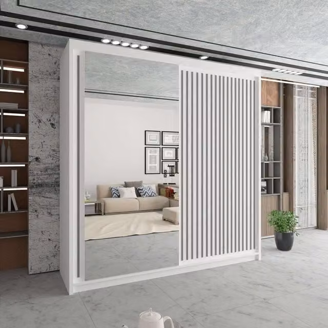 Sliding Wardrobes 4U Sleek White Mirror Sliding Wardrobe with Integrated LED Lighting, W: 150 cm, H: 217 cm