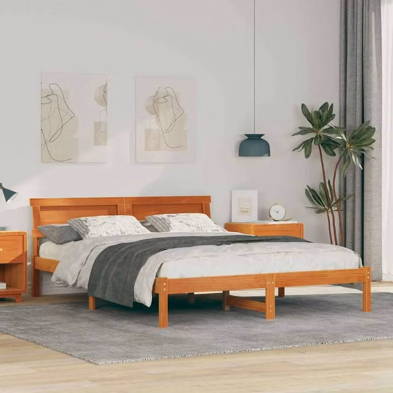 Berkfield Home Modern Solid Wood Bed with Headboard, LED Strip Lights and Drawers, Wax Brown, W/D/H: 140 x 200 cm