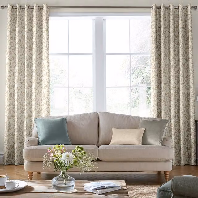Laura Ashley Willow Leaf Made To Measure Blackout Eyelet Curtains in Beige Floral Cotton